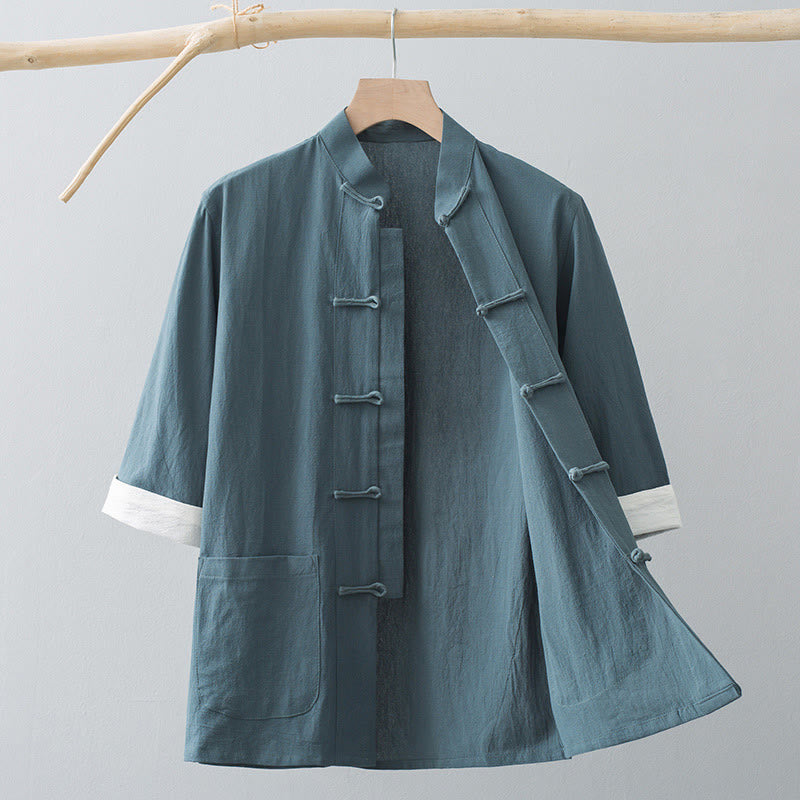 Buddha Stonesカエルボタン 中国唐装 半袖シャツ コットン メンズ ポケット付き - グレーグリーン - US/UK/AU44、 EU54 (4XL) - image 1