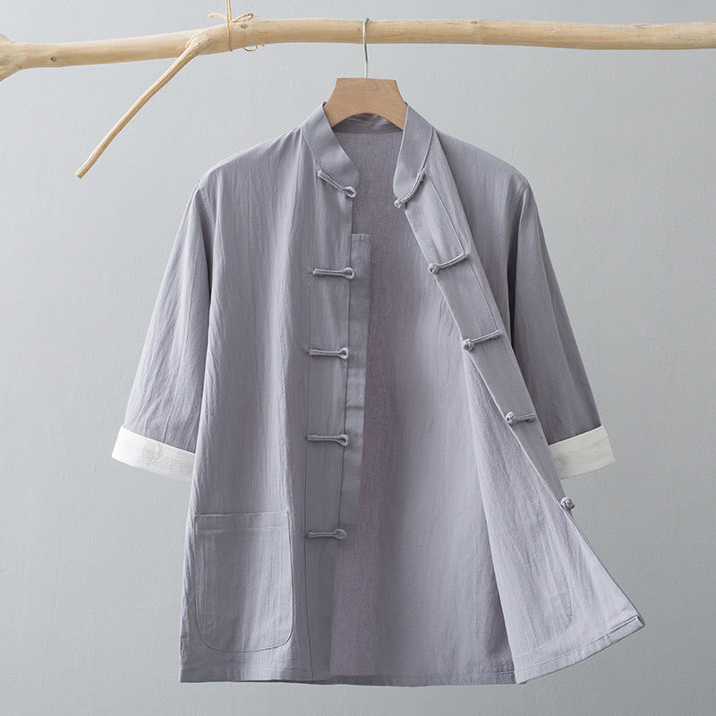 Buddha Stonesカエルボタン 中国唐装 半袖シャツ コットン メンズ ポケット付き - グレー - US/UK/AU44、 EU54 (4XL) - image 10