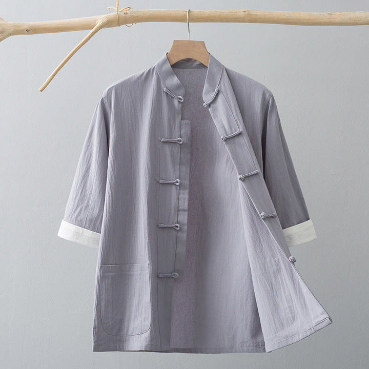 Buddha Stonesカエルボタン 中国唐装 半袖シャツ コットン メンズ ポケット付き - グレー - US/UK/AU44、 EU54 (4XL) - image 10
