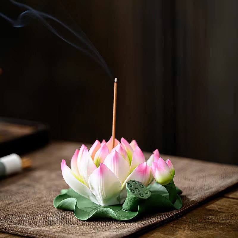 Buddha Stones蓮の花 葉 ポッド スピリチュアルヒーリング セラミックスティック 香炉 装飾 - ロータスピンクエッジ 10.5×4.7cm - image 0