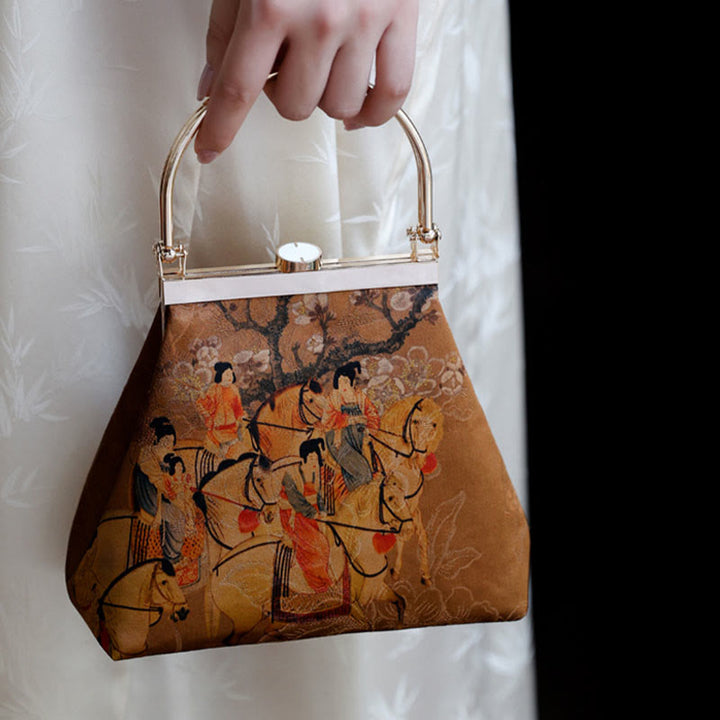 春の外出を描いた国果夫人のBuddha Stones画 金属製ハンドルハンドバッグ