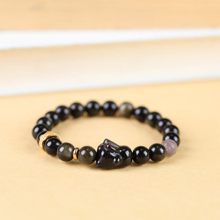 Buddha Stones金色光沢黒曜石 黒曜石 銀色光沢黒曜石 かわいいウサギの守護ブレスレット