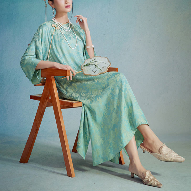 Buddha Stones小花葉ジャカード中国チャイナドレス チーパオ ミディドレス ポケット付き - image 3