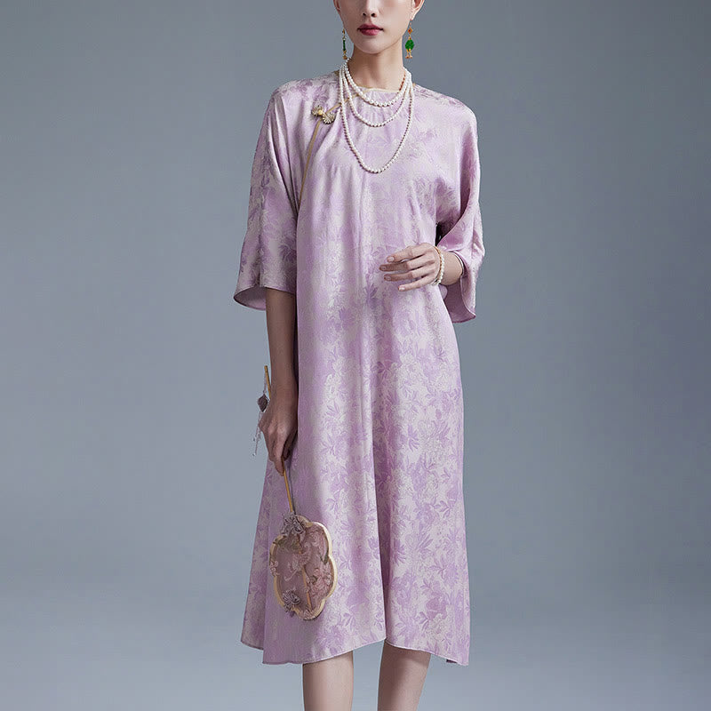 Buddha Stones小花葉ジャカード中国チャイナドレス チーパオ ミディドレス ポケット付き - 紫 - US12、 UK/AU16、 EU44 (XL) - image 6