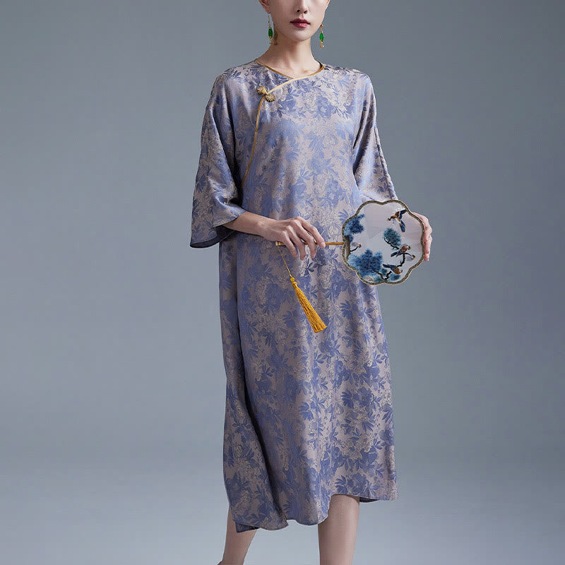 Buddha Stones小花葉ジャカード中国チャイナドレス チーパオ ミディドレス ポケット付き - ダークパープル - US12、 UK/AU16、 EU44 (XL) - image 10