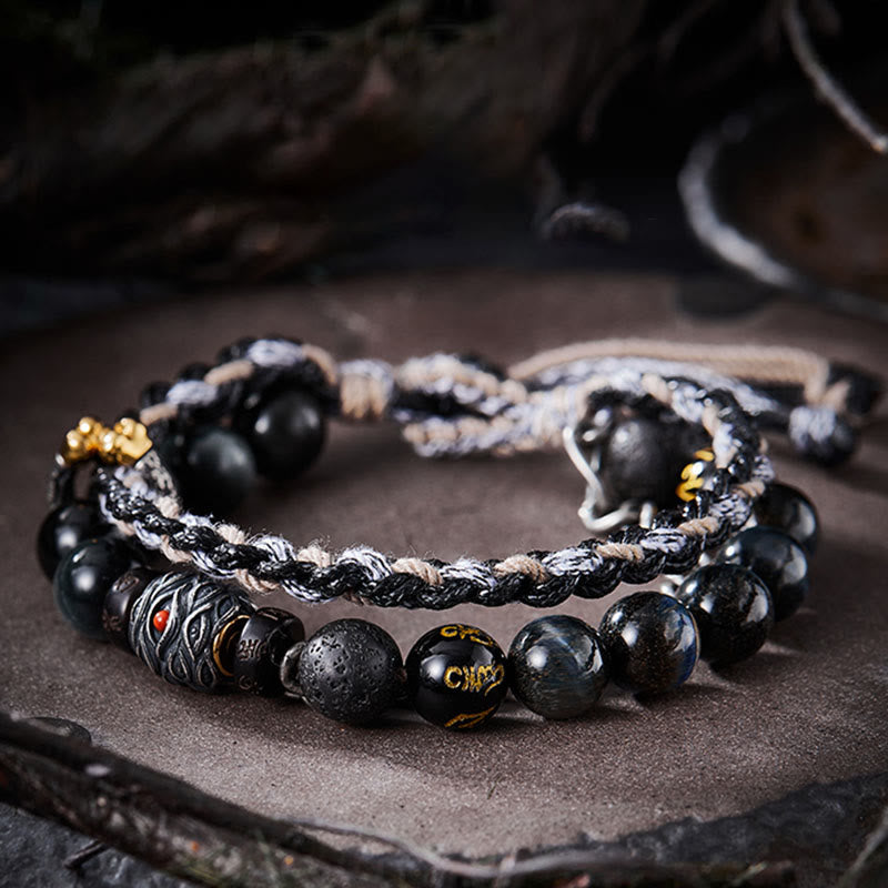 Buddha Stones925スターリングシルバー 溶岩石 イーグルアイストーン ラッキービーズ ハンドメイド ヒーリングブレスレット