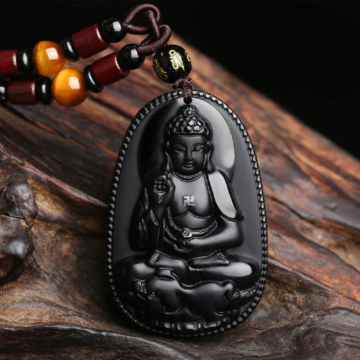 Buddha Stones中国の十二支 出生仏 天然黒曜石 浄化ネックレス ペンダント