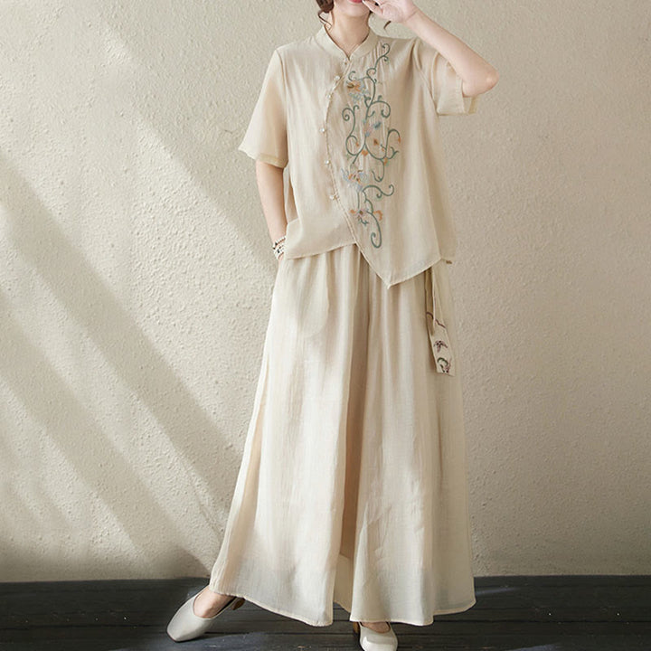 Buddha Stonesフラワー刺繍半袖Tシャツ ワイドレッグパンツ 2点セット