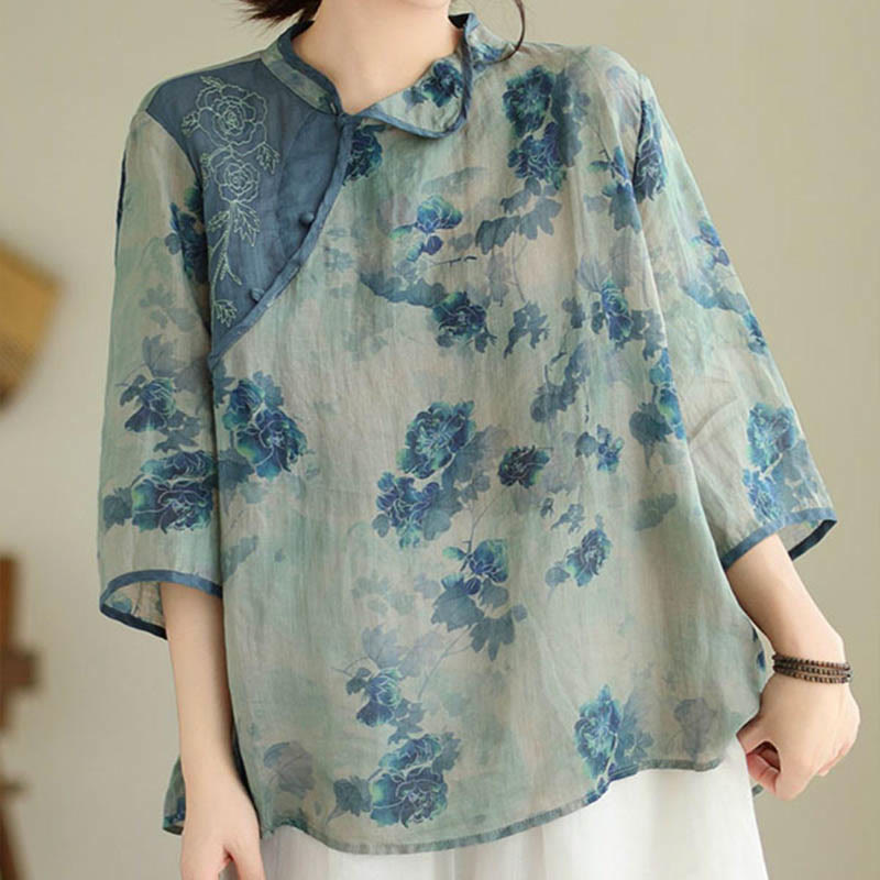 Buddha Stonesプラスサイズ ブルージャカランダフラワーデザイン 七分袖シャツ - US16、 UK/AU20、 EU48 (3XL) - image 0