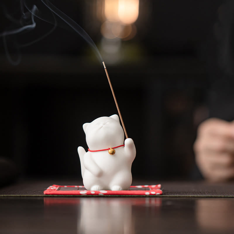 Buddha Stonesミニかわいい猫セラミックヒーリング香炉デスクデコレーション - 猫 5*4.7*6.8cm&竹マット 10cm - image 1