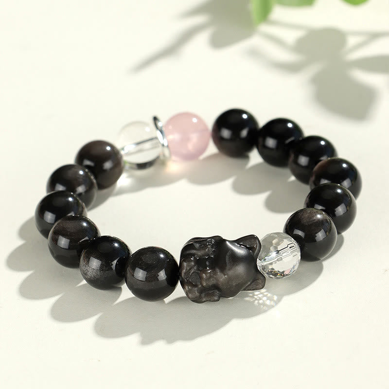 Buddha Stones天然銀光沢黒曜石 猫頭 キツネ 惑星守護ブレスレット - シルバーシーンオブシディアンフォックス（手首周り14～16.5cm） - image 6