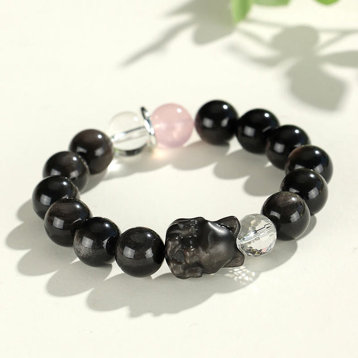 Buddha Stones天然銀光沢黒曜石 猫頭 キツネ 惑星守護ブレスレット - シルバーシーンオブシディアンフォックス（手首周り14～16.5cm） - image 6