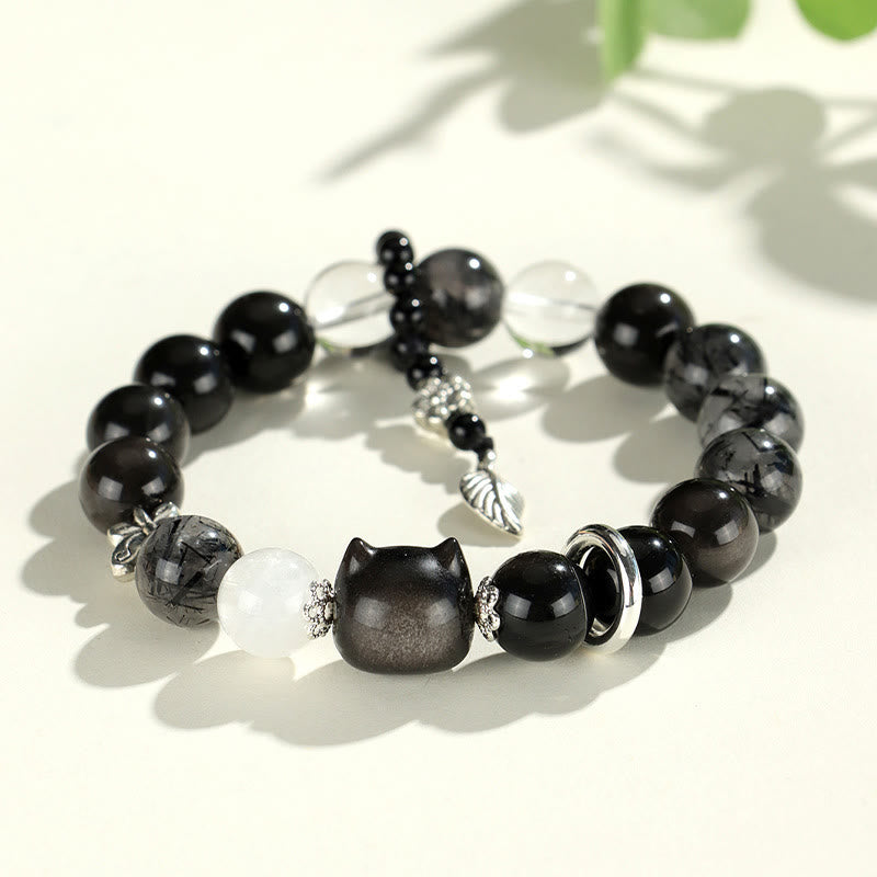 Buddha Stones天然銀光沢黒曜石 猫頭 キツネ 惑星守護ブレスレット - 銀色光沢黒曜石猫の頭（手首周り14～16.5cm） - image 2