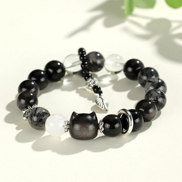 Buddha Stones天然銀光沢黒曜石 猫頭 キツネ 惑星守護ブレスレット - 銀色光沢黒曜石猫の頭（手首周り14～16.5cm） - image 2