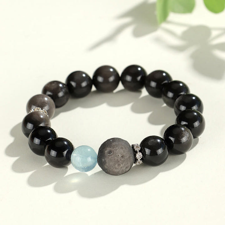 Buddha Stones天然銀光沢黒曜石 猫頭 キツネ 惑星守護ブレスレット - シルバーシーンオブシディアンプラネット（手首周り14～16.5cm） - image 8
