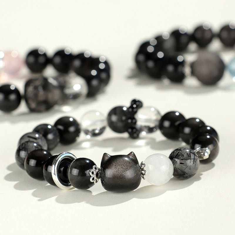 Buddha Stones天然銀光沢黒曜石 猫頭 キツネ 惑星守護ブレスレット - image 1