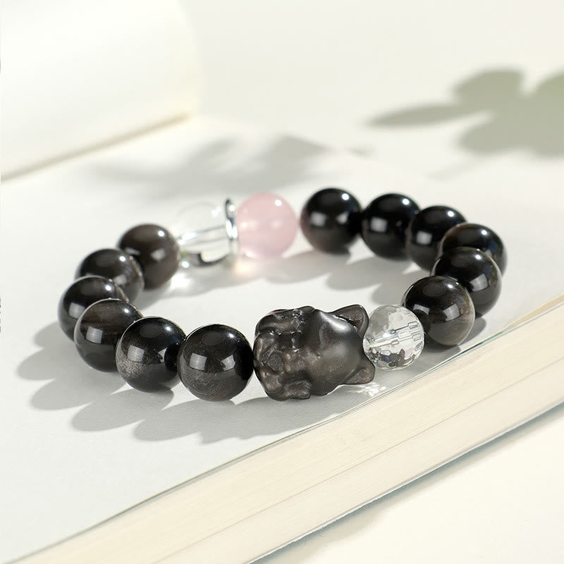 Buddha Stones天然銀光沢黒曜石 猫頭 キツネ 惑星守護ブレスレット - image 7