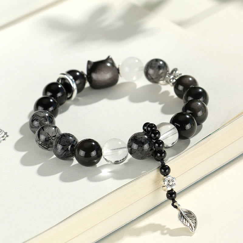 Buddha Stones天然銀光沢黒曜石 猫頭 キツネ 惑星守護ブレスレット - image 3