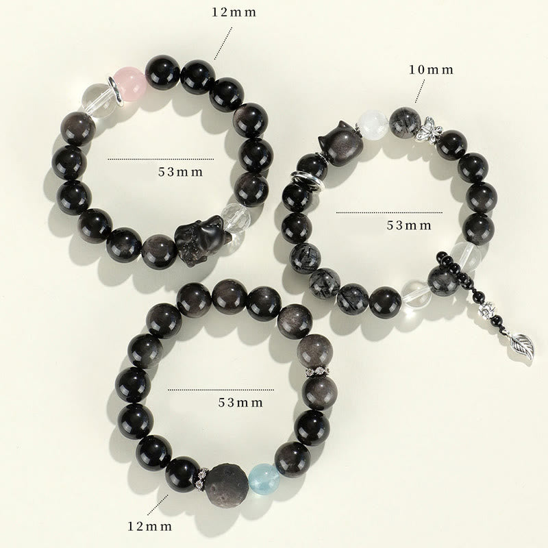 Buddha Stones天然銀光沢黒曜石 猫頭 キツネ 惑星守護ブレスレット - image 14
