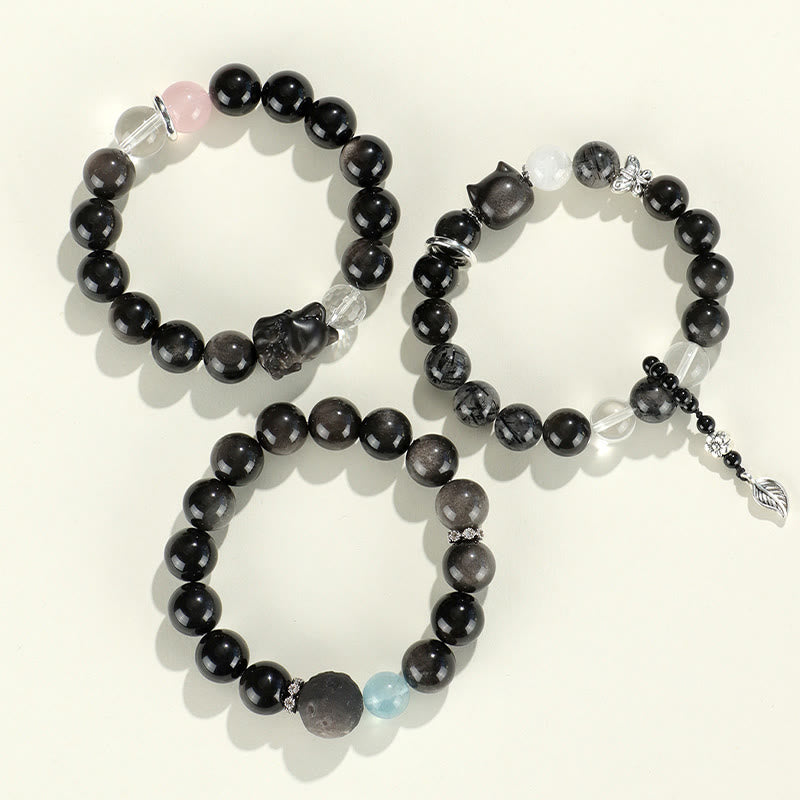 Buddha Stones天然銀光沢黒曜石 猫頭 キツネ 惑星守護ブレスレット - image 13