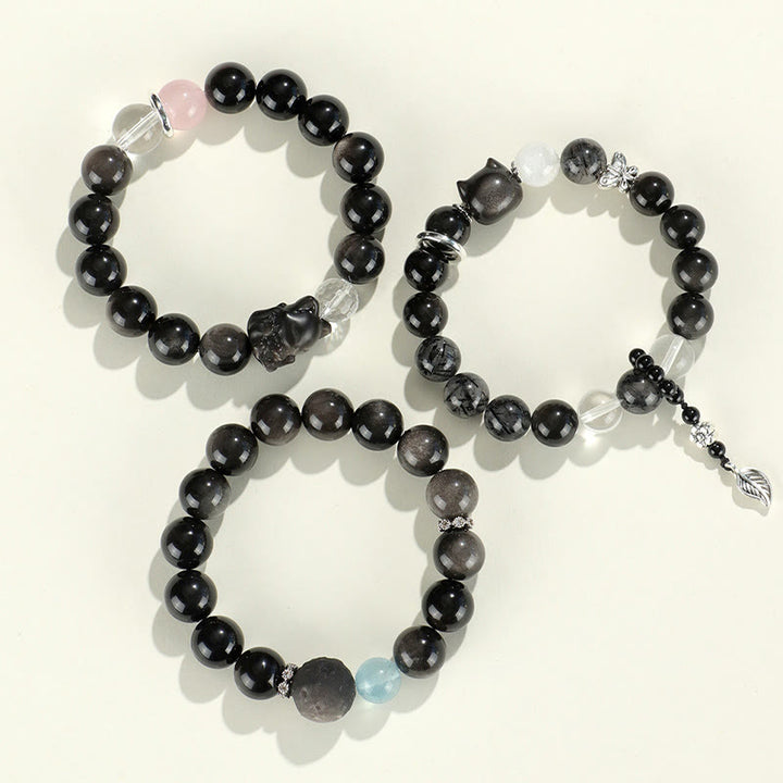 Buddha Stones天然銀光沢黒曜石 猫頭 キツネ 惑星守護ブレスレット - image 13