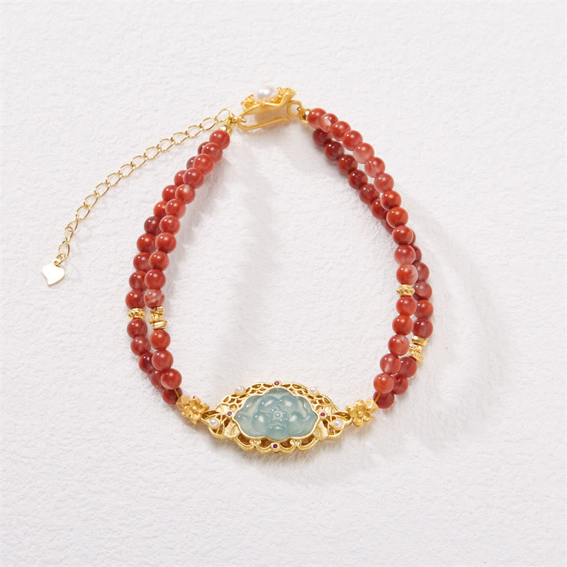 Buddha Stones 925スターリングシルバー ゴールドメッキ 天然レッドアゲート ロータスジェイド カーム ダブルレイヤーブレスレット