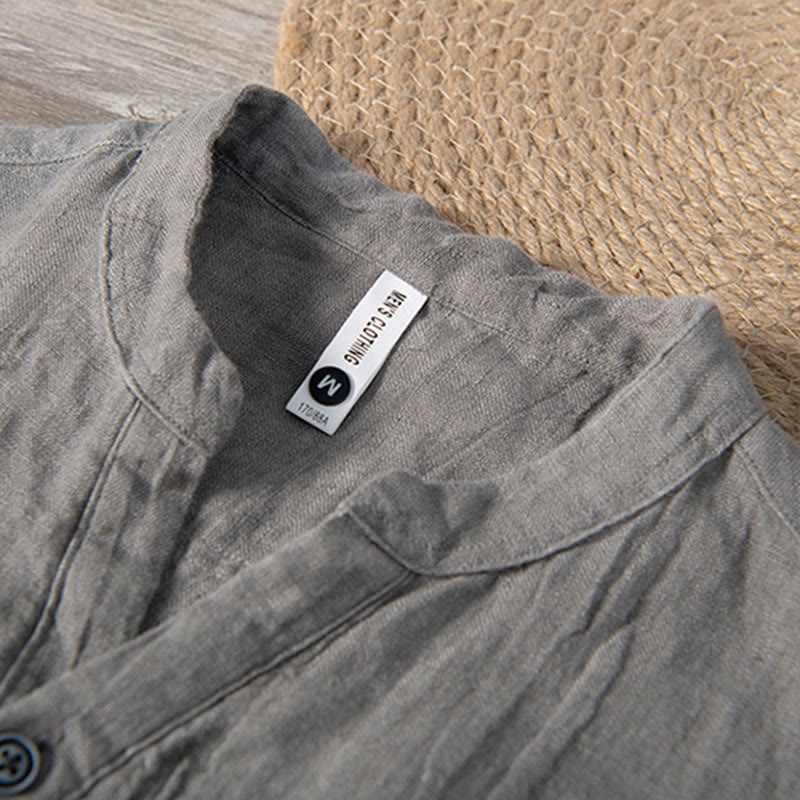 Buddha Stones 無地 半袖 綿麻シャツ メンズ プルオーバー カジュアル 夏用 - image 3