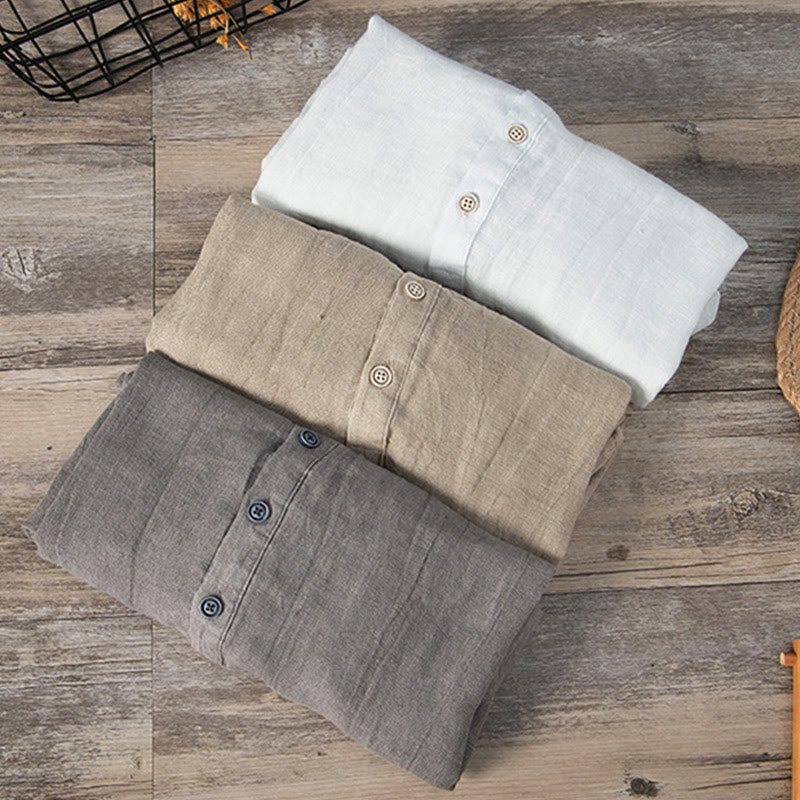 Buddha Stones 無地 半袖 綿麻シャツ メンズ プルオーバー カジュアル 夏用 - image 1