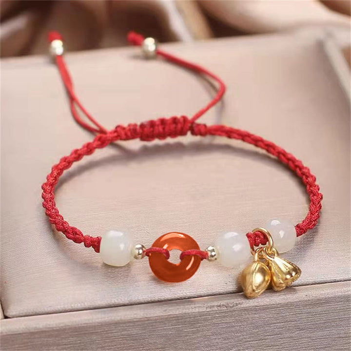 Buddha Stones赤瑪瑙 平和バックル 翡翠 蓮 ヒーリング編みブレスレット