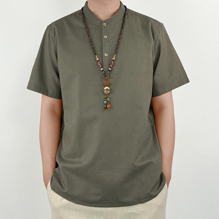Buddha Stones無地 メンズ 半袖 ボタン リネン シャツ - ダークカーキ - US/UK/AU44、 EU54 (4XL) - image 0