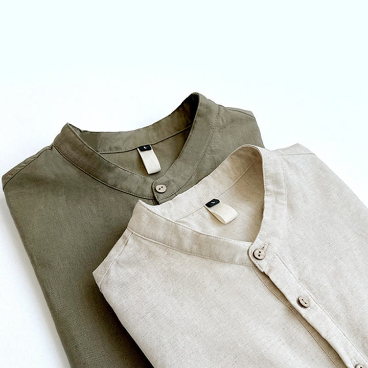 Buddha Stones無地 メンズ 半袖 ボタン リネン シャツ - image 1