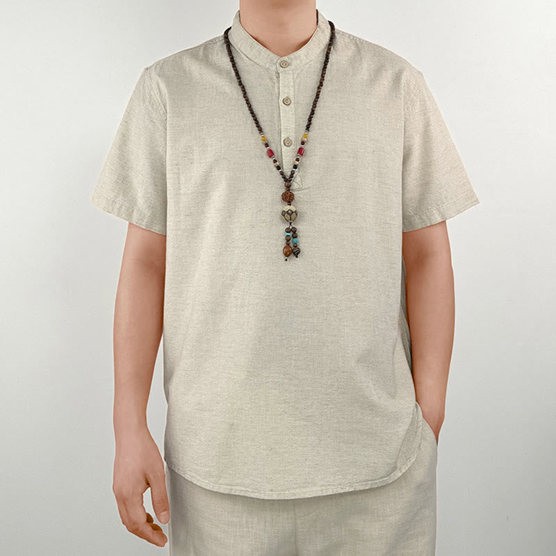 Buddha Stones無地 メンズ 半袖 ボタン リネン シャツ - image 10