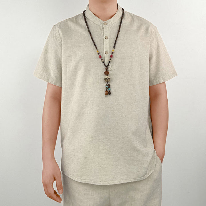 Buddha Stones無地 メンズ 半袖 ボタン リネン シャツ - image 10