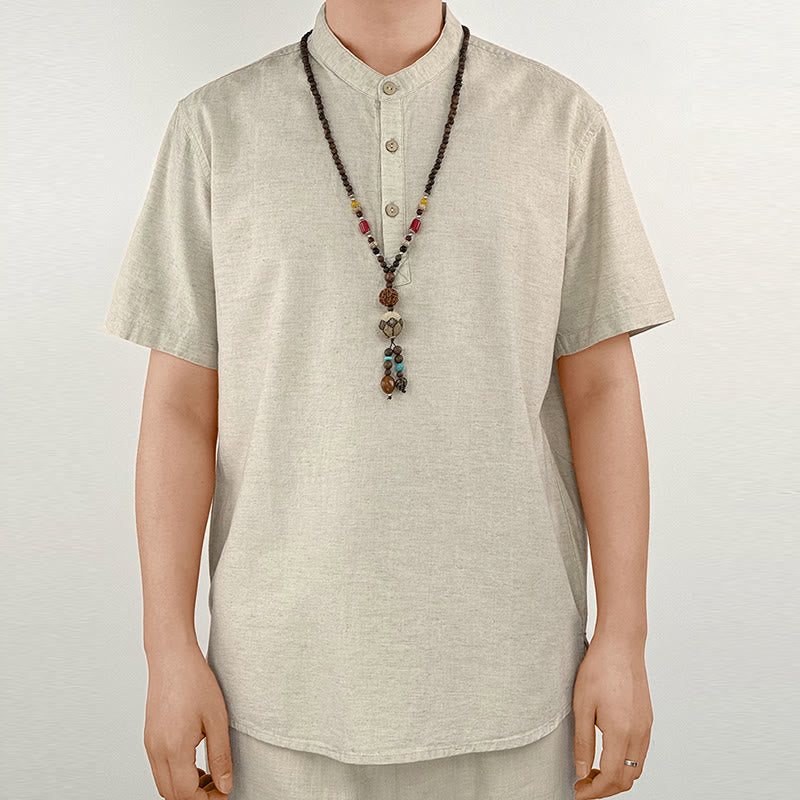 Buddha Stones無地 メンズ 半袖 ボタン リネン シャツ - リネン - US/UK/AU44、 EU54 (4XL) - image 8