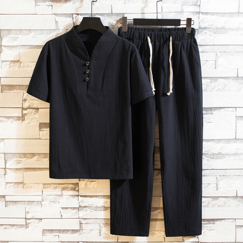 Buddha Stones 2点セット 無地 コットン ボタン 半袖 Tシャツ パンツ メンズ セット - 黒 - US/UK/AU44、EU54（5XL） - image 10