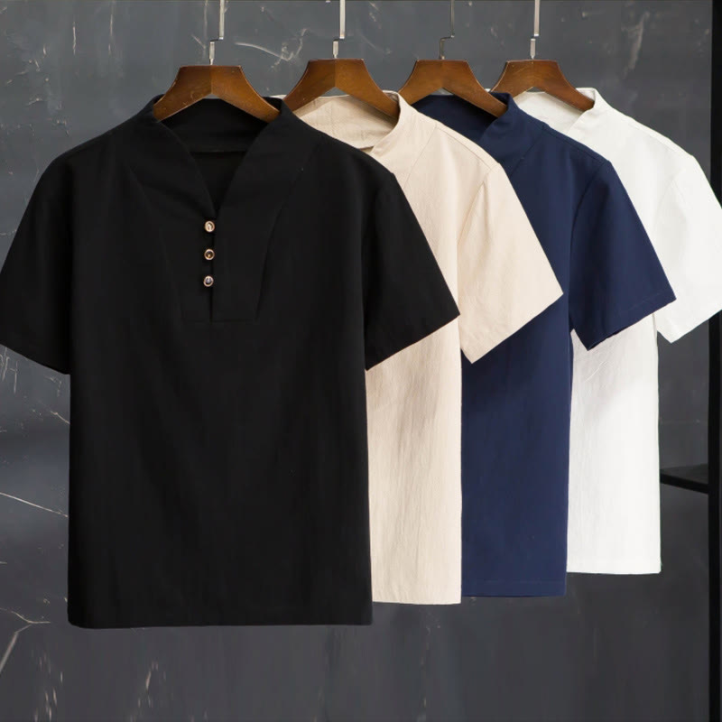 Buddha Stones 2点セット 無地 コットン ボタン 半袖 Tシャツ パンツ メンズ セット - image 1