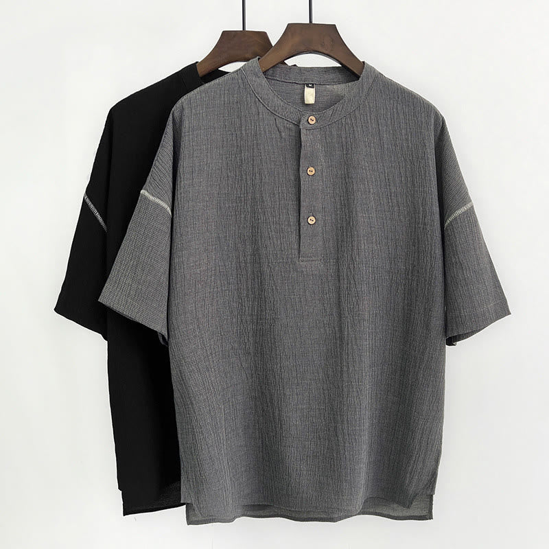Buddha Stones夏 無地 メンズ 半袖 ボタンシャツ - image 0
