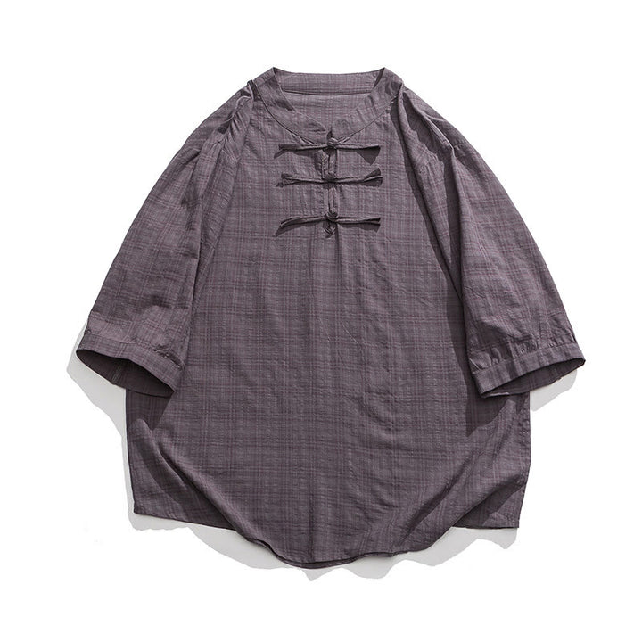 Buddha Stonesカエルボタン チェック柄 中国唐装 半袖シャツ コットンリネン メンズ服