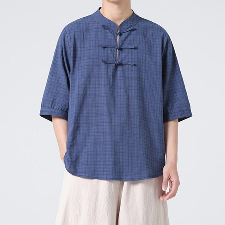 Buddha Stonesカエルボタン チェック柄 中国唐装 半袖シャツ コットンリネン メンズ服