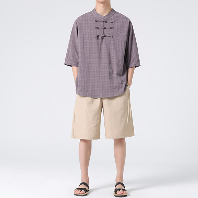 Buddha Stonesカエルボタン チェック柄 中国唐装 半袖シャツ コットンリネン メンズ服