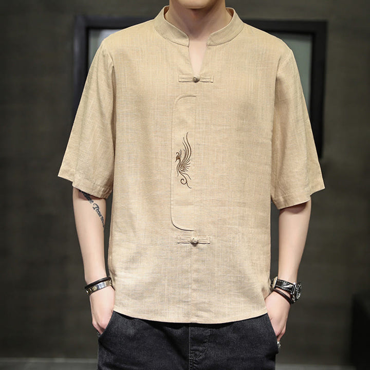 Buddha Stonesカエルボタン 鳳凰刺繍 中国唐装 半袖シャツ コットンリネン メンズ服 - ビスク - US/UK/AU46、 EU56 (5XL) - image 10