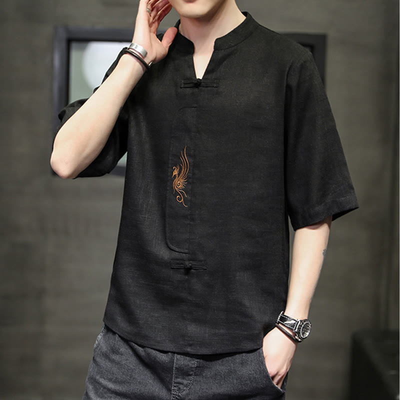 Buddha Stonesカエルボタン 鳳凰刺繍 中国唐装 半袖シャツ コットンリネン メンズ服 - image 22