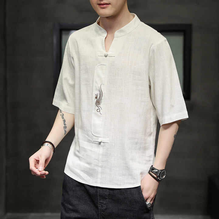 Buddha Stonesカエルボタン 鳳凰刺繍 中国唐装 半袖シャツ コットンリネン メンズ服 - image 6