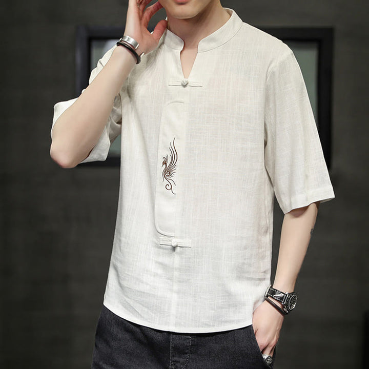 Buddha Stonesカエルボタン 鳳凰刺繍 中国唐装 半袖シャツ コットンリネン メンズ服 - image 5