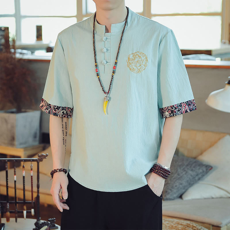 Buddha Stones、カエルボタン、龍の刺繍、中国唐装半袖シャツ、メンズ服 - ミントクリーム - US/UK/AU46、 EU56 (5XL)  - image 11