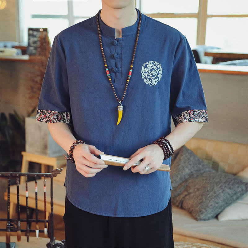 Buddha Stones、カエルボタン、龍の刺繍、中国唐装半袖シャツ、メンズ服 - スチールブルー - US/UK/AU46、 EU56 (5XL)  - image 33