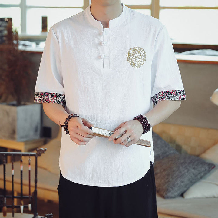 Buddha Stones、カエルボタン、龍の刺繍、中国唐装半袖シャツ、メンズ服 - 白 - US/UK/AU46、 EU56 (5XL)  - image 18