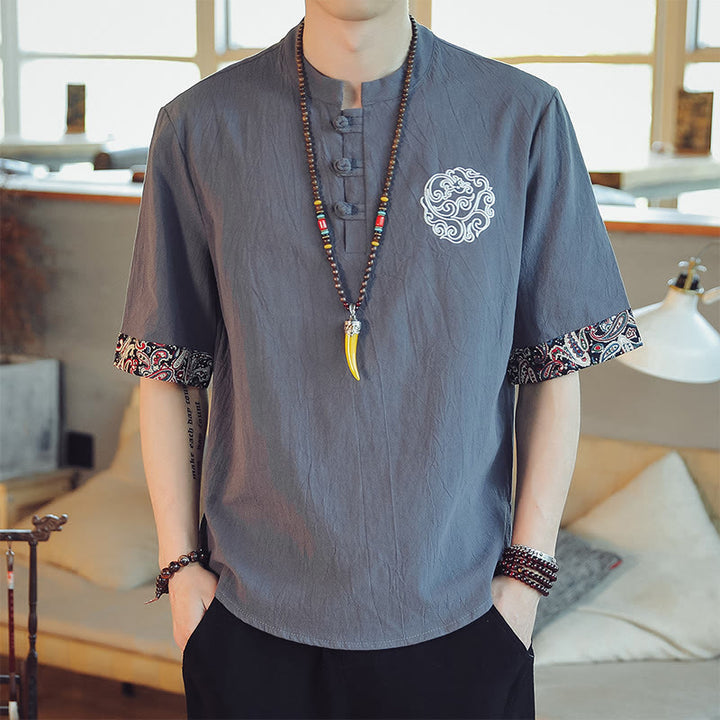 Buddha Stones、カエルボタン、龍の刺繍、中国唐装半袖シャツ、メンズ服 - グレー - US/UK/AU46、 EU56 (5XL)  - image 0