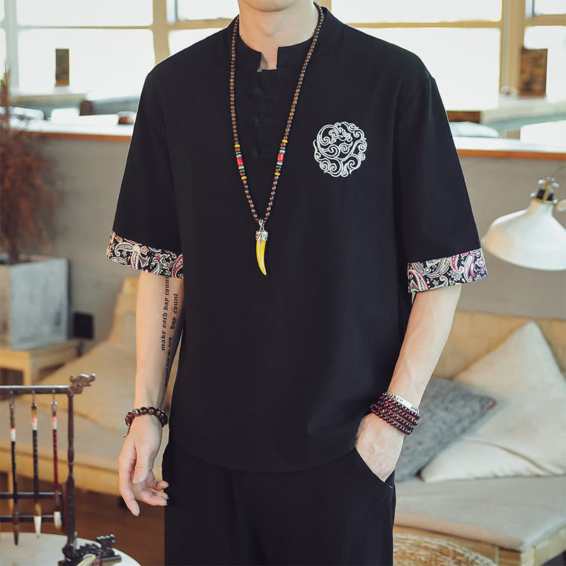 Buddha Stones、カエルボタン、龍の刺繍、中国唐装半袖シャツ、メンズ服 - 黒 - US/UK/AU46、 EU56 (5XL)  - image 25