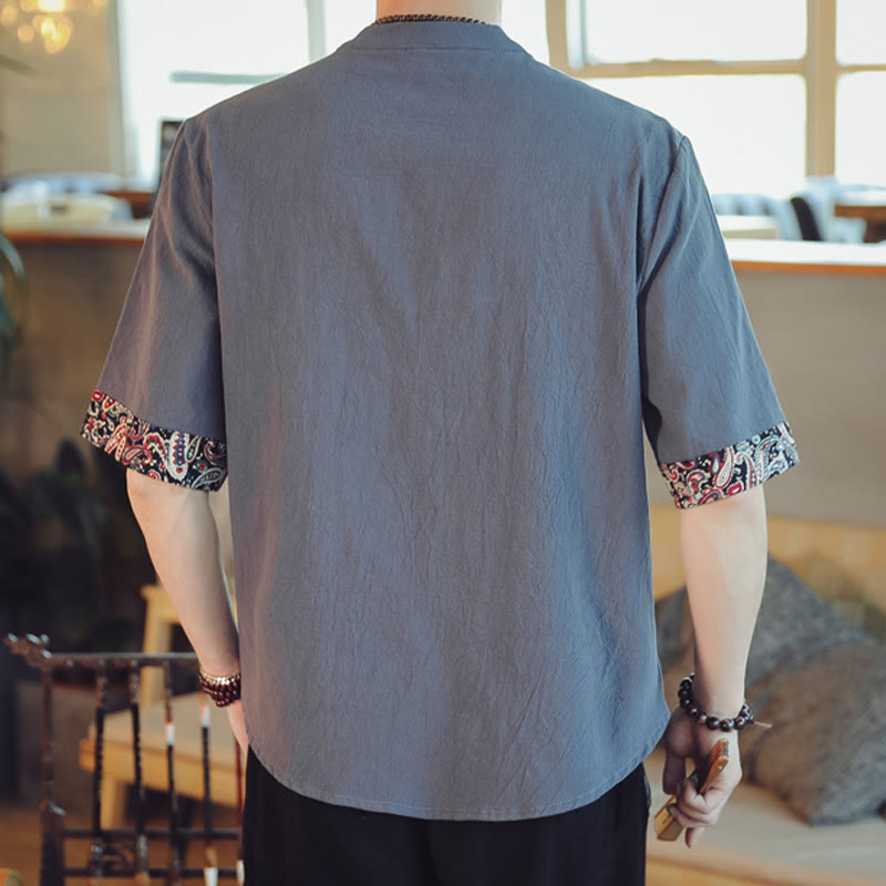 Buddha Stones、カエルボタン、龍の刺繍、中国唐装半袖シャツ、メンズ服 - image 2